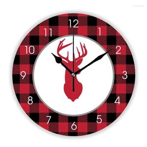 壁の時計材木ジャック赤と黒のバッファロー格子縞の鹿のバックシルエット時計のための素朴なチェックパターンウォッチクリスマス装飾
