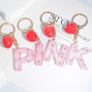 Keychains English Letter Keychain With Strawberry Pendant For Women Pink A-Z Keyring Glitter Sequins Acrylic Key Chain Holiday Gifts