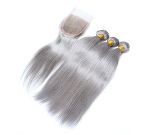 Brazilian Silver Gray Human Hair Weaves with Top Closure Straight Grey Colored Virgin Hair Bundles Deals 3Pcs with 4x4 Lace Front 4946141