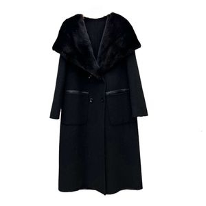 2023 New Haining Lace Up Versatile Woolen Double Sided Cashmere Coat Women's Combination Mink Big 629554