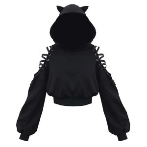 Sweatshirts Black Gothic Crop Tops Women Hoodies Punk Sweatshirt Off Shoulder Lace Up Hooded Pullover Cat Ear Short Style Tracksuit Female