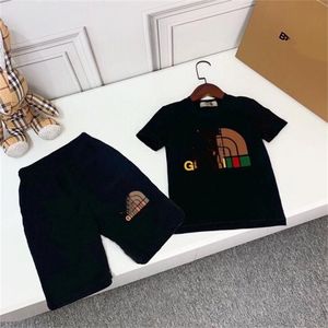 キッズデザイナーボーイズTシャツ格子縞のシャツセットガールズファッションセットキッズサマー半袖セット90cm-160cmB13