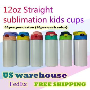 US Warehouse 12oz Kids Sublimation Cippy Cups فارغة مستقيمة مستقيمة مع أغطية مختلطة زجاجة شرب الفولاذ المصحوبة بصمة عار 60pcs carto275d