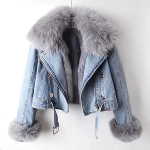 Mulheres do falso gola de pele de raposa jean casaco jaqueta de inverno feminino curto quente parkas coelho forro de cabelo outwear moda casaco 240301