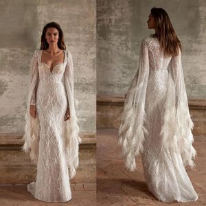 Büyüleyici İnciler Gelinlikler Rhinestone Sequins Denizkızı Gelin Gowns Illusion Tüy Uzun Kollu Gelin Elbiseler Özel Made Boyut Yd