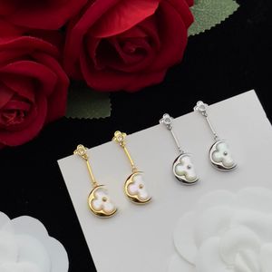 Vintage Shell Crystal Clover Ear Stud Gold Silver Plated Stainless Steel Drop Earrings Luxury Designer Fashion Women Wedding Party Jewelry With Box High Quality