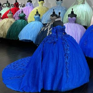 Royal Blue Long Sleeve Beading Crystal Ball Gown Quinceanera Dresses 3D Flowers Applicies Lace Corset Vestidos DE 15 ANOS