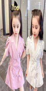 Summer Girl Lapel Dress Midje Drawstring DoubleBreasted Solid Color Fashion Baby Kids Puff Sleeve Dress5531086