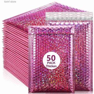 Outros produtos plásticos descartáveis 50pcs holográfico mailer laser rosa mailing envelope impermeável saco de correio acolchoado bolha envelopes saco de embalagem para envio