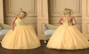 Büyük İndirim Balosu Yular Uzun Sarı Organza Girl039s Pageant Elbiseler Boncuklu Pullar Yüksek Kaliteli Cupcake Flower Girls Dre4796604