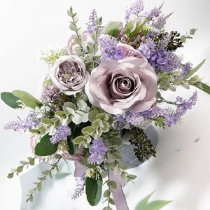 Flores de casamento buquê de noiva casa floral evento de negócios roxo rosa simulação pacote de flores portátil 597