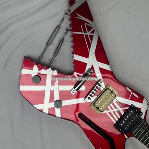 In Stock Eddie Edward Van Halen Striped Series Shark Satin Urethane Burgundy Silver Stripes Electric Guitar Chrome Eye Hooks w/ Turnbuckles, Braid Wire