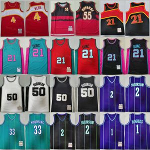 Maglia da basket retrò Spud Webb 4 Tyrone Muggsy Bogues 1 Larry Johnson 2 Alonzo Mourning 33 Tim Duncan 21 David Robinson 50 Dikembe Mutombo 55 Vintage