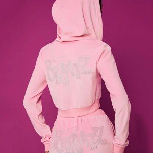 Sweatshirts Vintage Pembe Zipup Hoodie Kadın Kadife Takip Bratz Mektup Baskı Kısa Hoodie Casual Punk Eger Sweatshirt Y2K Estetik