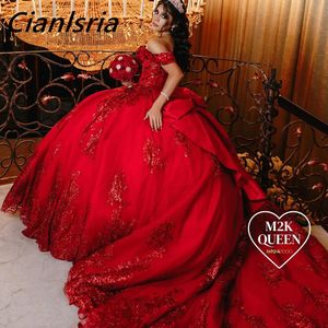 Red Sequined Appliques Lace Ball Gown Quinceanera Dresses Off The Shoulder Bow Corset Vestidos De 15 Anos