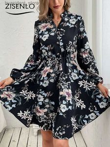 Urban Sexy Dresses Dresses For Women Spring New Black Vintage Long Sleeve Printed Dresses V-hals Floral Button Down Dress Short Feamle Clothing L240309