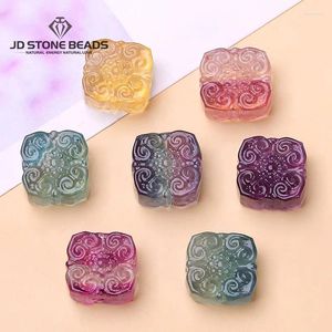 Pedras preciosas soltas 10 unidades/lote pedra fluorita natural esculpida riqueza forma quadrada conta com furo cristal colorido para fazer joias acessório diy