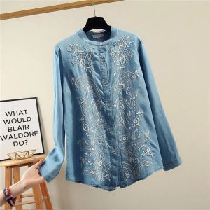 Skjortor 2020 Spring New Arts Style Women Lång ärm Stand Collar Loose Shirts Vintage Brodery Cotton Denim Bluuses Femme Tops V34