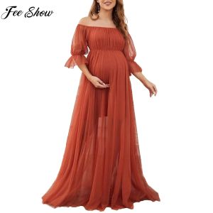 Klänningar gravid kvinna elegant maxi party klänning offshoulder kort ärm tyll formell klänning bröllop födelsedag kväll fotografering kostym