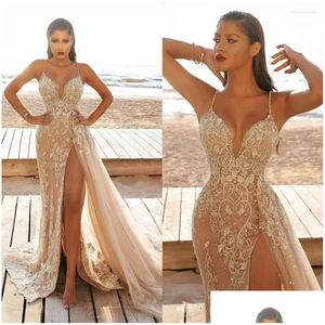 Basic & Casual Dresses Y Women Wedding Dress Tle Lace Spaghetti Deep V-Neck High Split Maxi Fashion Formal Evening Party Dresses Drop Dhmse