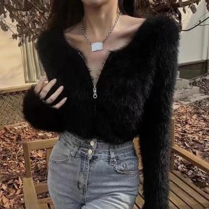 Cardigans Soft Solid Color Mohair Cropped Pink Cardigan Women Slim Wild Half Zipper Sweaters for Fleece Crop Tops Black White