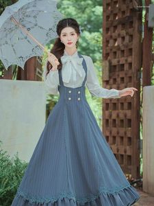 Work Dresses French Temperament Elegant Shirt Skirt Sets Female Chic Embroidered Bow-tie Lace Flounce Stripe Light Blue Belt Dress Set