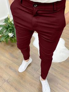 Męskie swobodne wysokie odcinki grube ołówkowe spodnie Solidny kolor Slim Fit Business Formalne biuro dla mężczyzn codziennie noszone bawełniane spodnie 240309