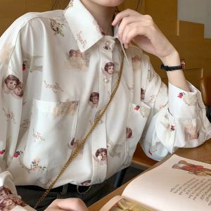 Hemd Harajuku Engel Druck Frauen Shirt Vintage Elegante Bluse Frauen Herbst 2021 Laterne Hülse Weibliche Kleidung Lose BF Hemd