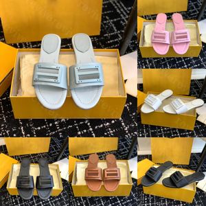 Designer Brand F Flat Bottom tofflor Luxury Sandaler Kvinnorskor Kudde Bekväm koppar Svartrosa Summer Fashion Sliding Beach Slippers