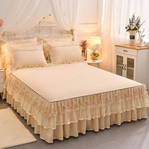 3 pçs conjunto bege princesa rendas cama folha fronhas sólida meninas colcha saia de casamento decoração colchão capa para 1195t