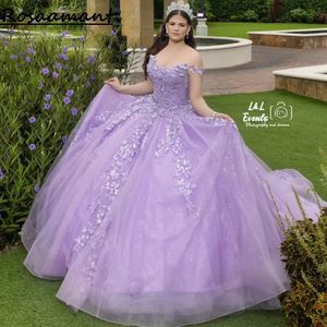 Lilac Spaghetti Strap Bow Ball Gown Quinceanera Dresses Crystal 3d Floral Lace Corset Vestidos de 15 Anos