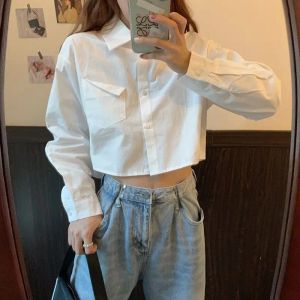 Рубашка QWEEK, белая рубашка, укороченная блузка для женщин, мода 2023, корейский стиль, консервативный топ с длинными рукавами в стиле Харадзюку, новая женская винтажная одежда