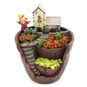 Retro Farmhouse Flower Pot for Succulents Plants Decorative Planter Mini Bonsai Flowerpot Fairy Garden Home Desktop Decoration 240304