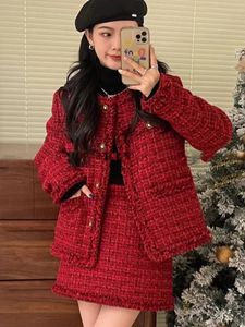 Temperament Vintage Elegant Tweed Korean Coat Hip Mini Skirts Dress Fashion Aline Chic Clothes Women 240226