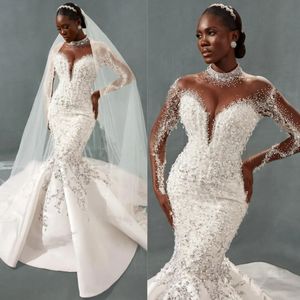 Abiti da sposa di lusso Abiti da sposa per la sposa Taglie forti Sirena Collo alto Maniche lunghe Abito da sposa Illusion Strass Paillettes con perline Abito da sposa in raso YD