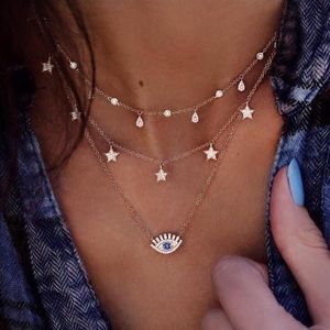 Vintage Gold Color Crystal Water Drop Star Eye Pendant Necklace For Women Boho Charm Layered Halsband Halsar 6384256N