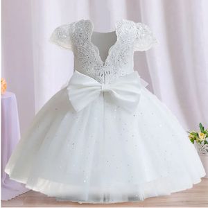 Baby Sequin Flower Dress 12M Girl White Baptism Bow Tutu Gown Girl 1 Year Birthday Princess Outfit Toddler 1st Communion Costume 240226