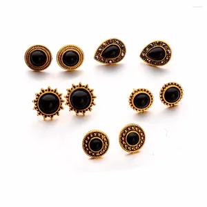 Stud Earrings 5 Pairs/set Vintage Black Gems Waterdrop Flower Shaped Crystal Women's Ear Fashion Jewelry