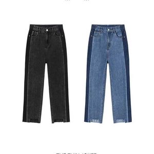 Damenjeans Damenbekleidung mit zerrissenen Frühlingsjeans, gerader Hose mit hoher Taille, koreanischen Taschen-Denim-Patch-Knöchellängenhosen J240306