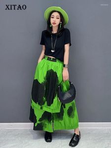 Skirts XITAO Print Casual Skirt Asymmetric 2024 Summer Arrival Personality Fashion Loose Versatile Elastic Waist WLD11273