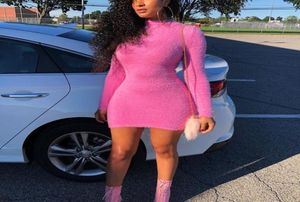 ANJAMANOR Pink Long Sleeve Mini Bodycon Sexy Sweater Dress Winter Pink Fluffy Cute Party Club Wear Casual Vestidos D77I80 Y205823283