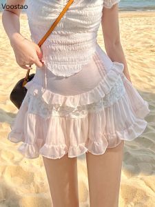 ドレスピンクカワイイ甘いロリータミニスカート女性カジュアルレースフリルシフォンビーチかわいいスカート日本の女性夏のスリム妖精スカート