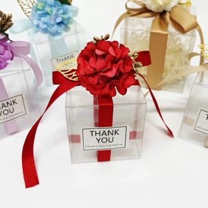 20 조각/배치 선물 박스 꽃 리본 낭만적 인 투명 사탕 박스 파티 생일 결혼 할인 게스트 PVC 포장 가방 240309