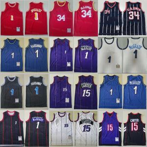 Basketbol Vintage Hakeem Olajuwon Jersey 34 Tracy McGrady Penny Hardaway 1 Vince Carter 15 Retro Kırmızı Donanma Beyaz Purpe Siyah Gerileme Yüksek Kalite