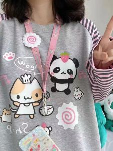 Tシャツadagirl harajuku stripe tシャツegirl kawaii chinese pandaグラフィックtシャツ女性カットコア漫画ラグランスリーブ服秋