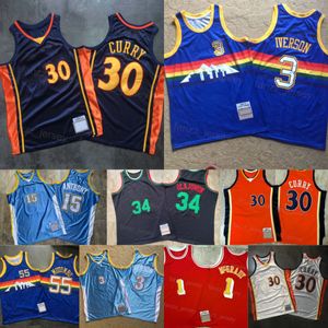 Vintage Basketball Authentic Stephen Curry Throwback Jersey 30 Dikembe Mutombo 55 Carmelo 15 Allen Iverson 3 Hakeem Olajuwon 34 Tracy McGrady 1 Retro