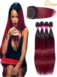Двухцветные бордовые пучки человеческих волос Девственные перуанские малазийские прямые омбре с кружевной застежкой 1B 99j Винно-красного цвета Ext7746851