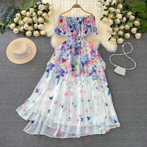 Lässige Kleider Sommer Runway Holiday Blume coole Schulter Chiffon Maxi Kleid Frauen Sommer Rüschen Slash Hals Plissee lange Robe Party Vestidos 2024