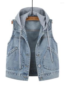 Kvinnors västar smala kort ärmlös hängande huva denim Vest Jacket Waistcoat Women Fashion