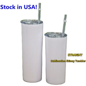 USA Stocks Sublimation 15oz STRAIGHT Skinny Tumblers with Plastic Lid Straw Stainless Steel Double Wall Insulated Vacuum Blanks W311Q